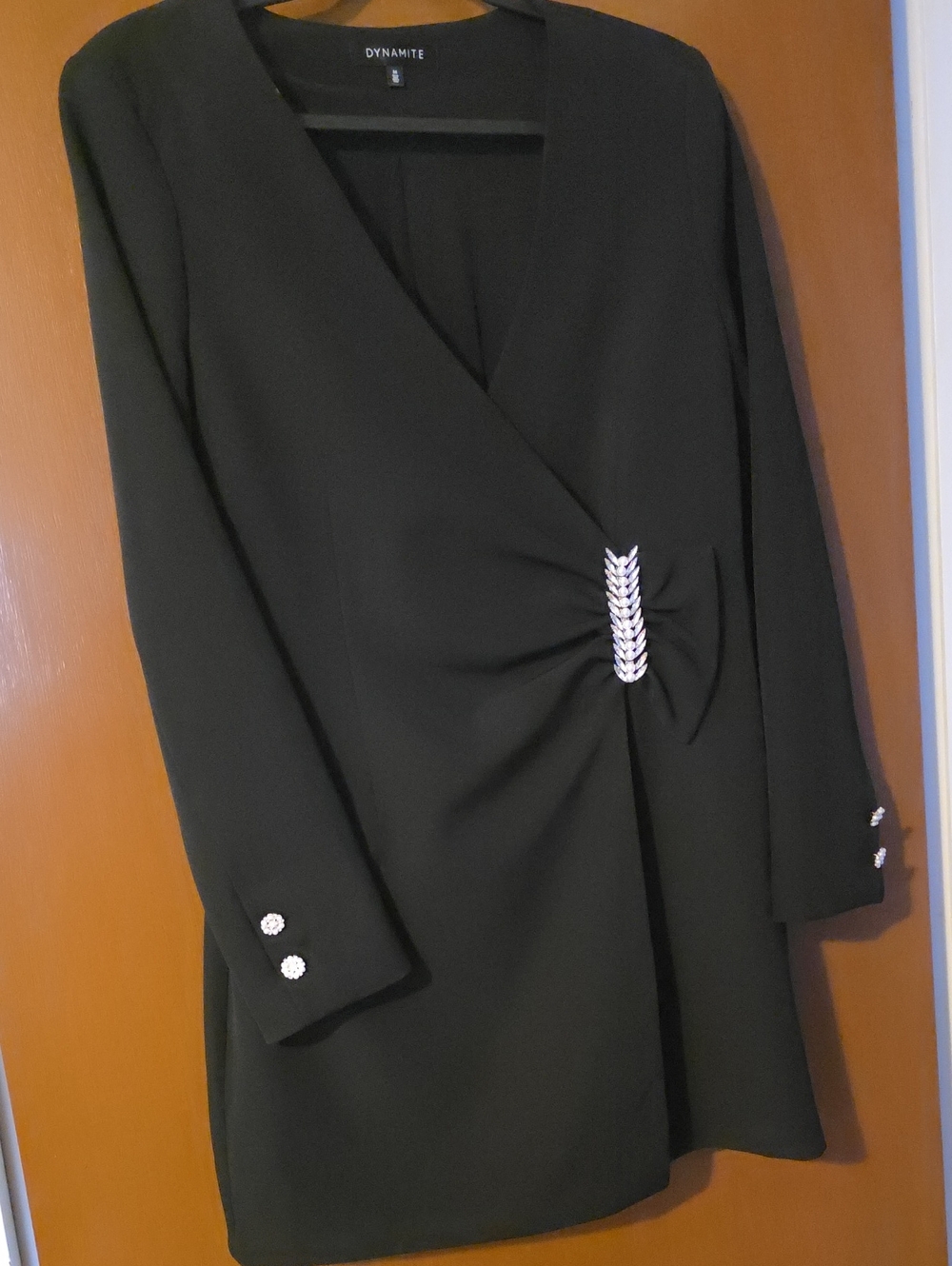 Dynamite Black Long Sleeve Wrap Blazer with Silver Brooch Accent